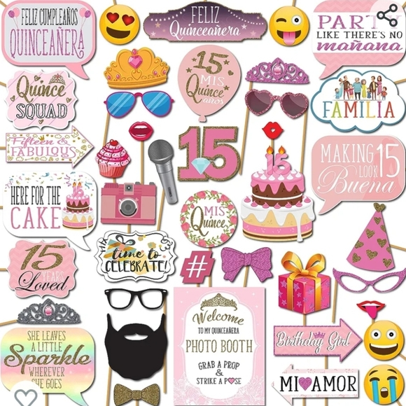 New 41 pcs Quinceanera Photo Booth Props -  Photobooth Kit - Picture 1 of 2